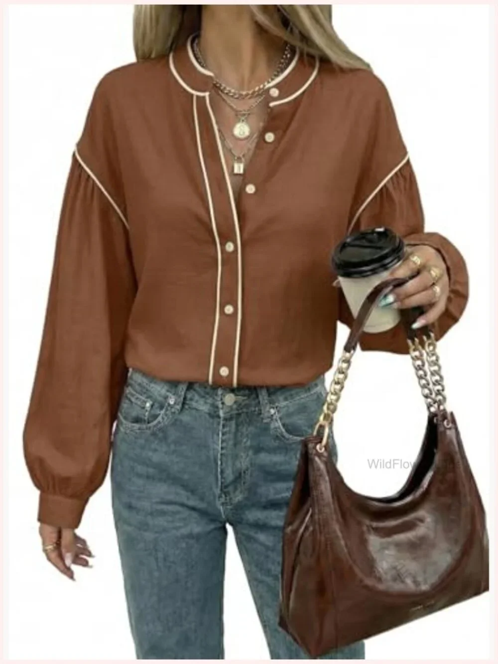 Women's Button Down Shirt Long Sleeve Casual Blouse Top - Picture 5 of 7